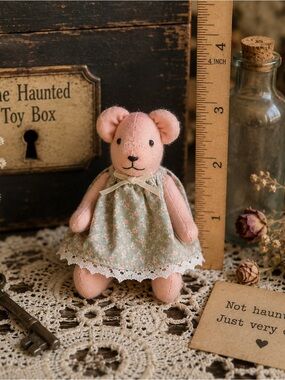 Handmade vintage 5” Pink Cloth Bear in Floral Dress